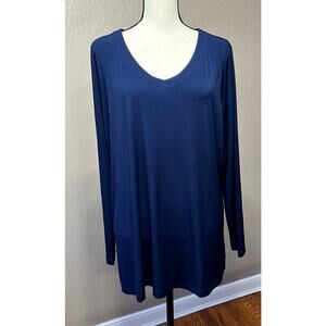 Susan Graver Women's Liquid Knit Flowy Top Tunic Blue V Neck Long Sleeves  XL
